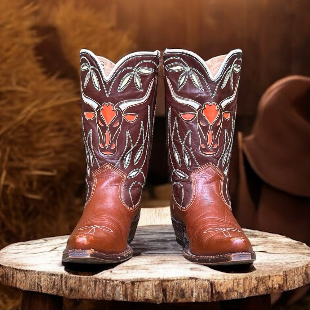Women’s Size 7 M - 1960’s Acme Cowboy Western Boots Bull Head Inlays